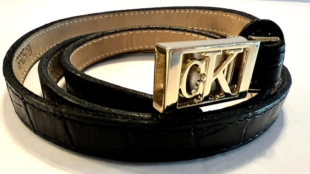 Vtg Calvin Klein CK Italian Alligator Calfskin Skinny Belt Black Gold Accents M